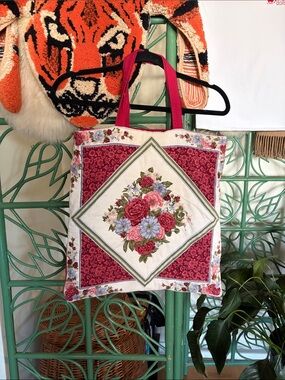 Handmade Floral Quilted Tote Bag in Burgundy and Cream